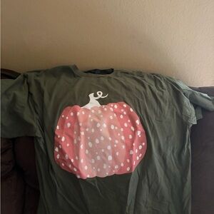 Gildan Olive Tee with Pink Pumpkin Design